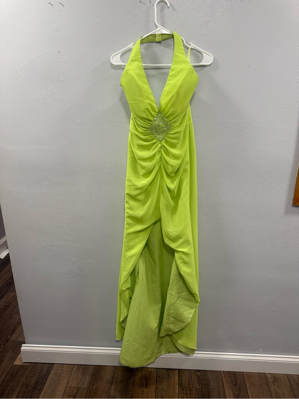 Mori Lee Lime Halter Plunging Ruched Prom Gown